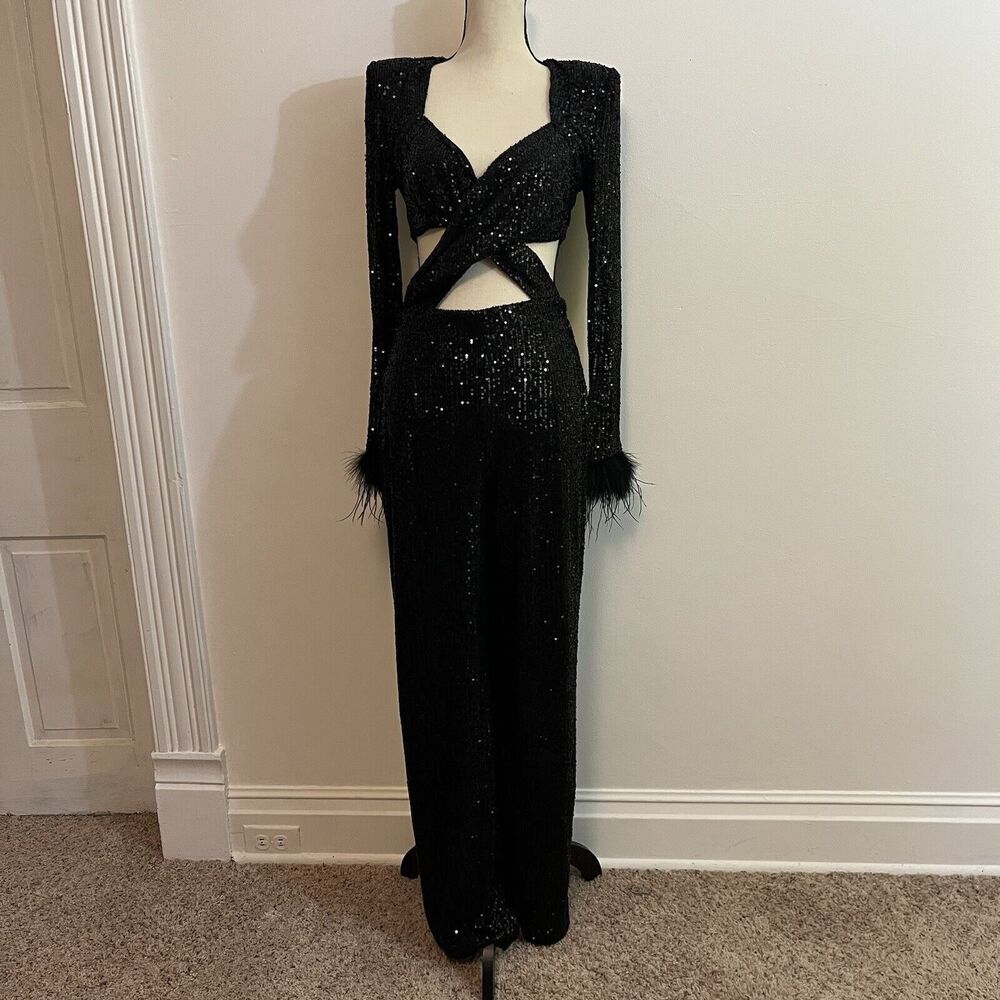 Black Sequin Cutout Jumpsuit with Feather Cuffs